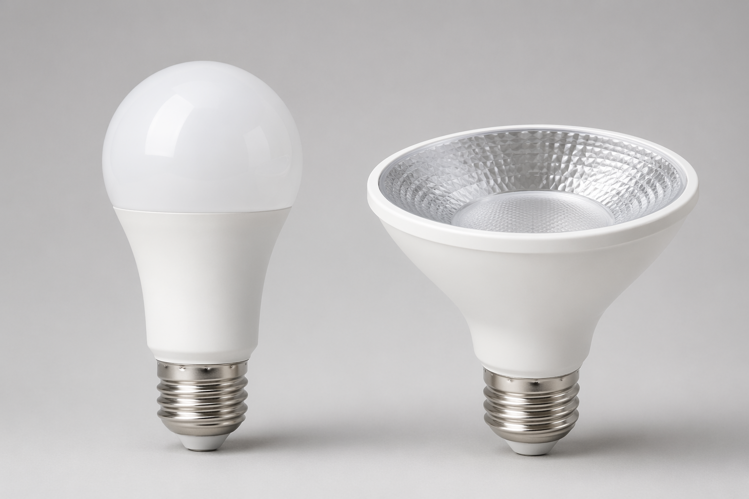 Studio-style side-by-side comparison of two common smart light bulb shapes: a standard A19 pear-shaped bulb and a wider BR30 reflector floodlight bulb, both with E26 screw bases, on a light gray surface with soft shadows.