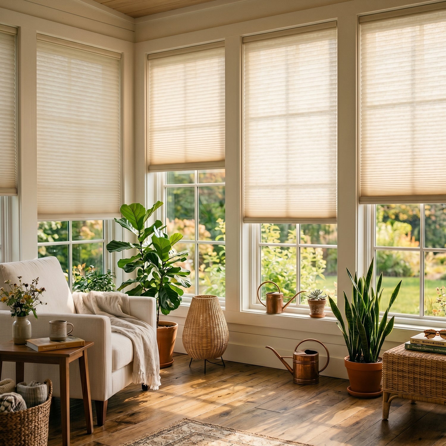 Motorized cellular honeycomb shade installed in a window with light filtering through the fabric cells