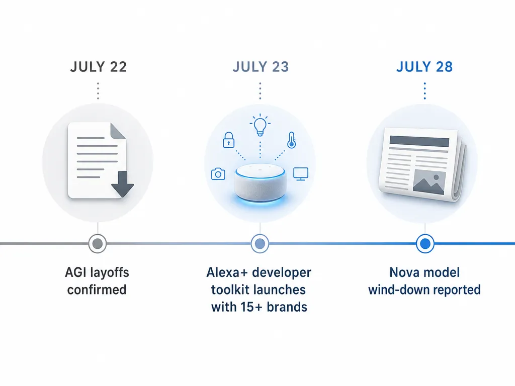 Timeline showing July 22 AGI layoffs, July 23 Alexa+ smart home developer toolkit launch, and July 28 Nova wind-down report