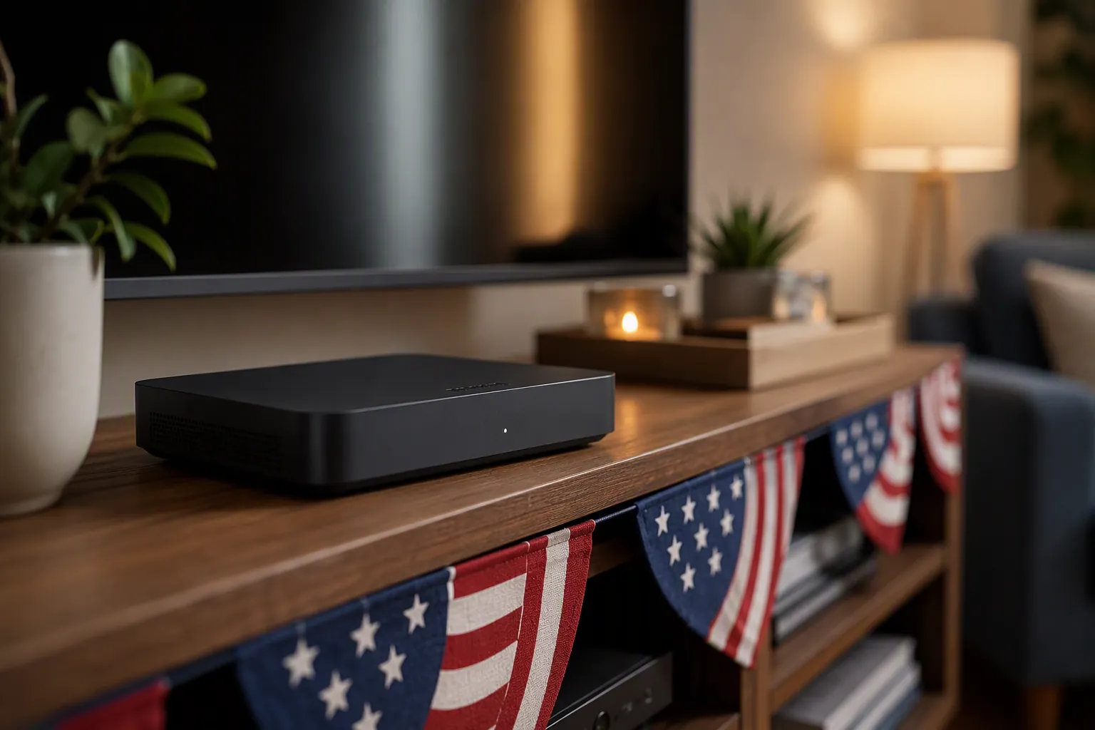 Tablo 4th Gen OTA DVR on a TV stand in a living room with subtle American flag bunting