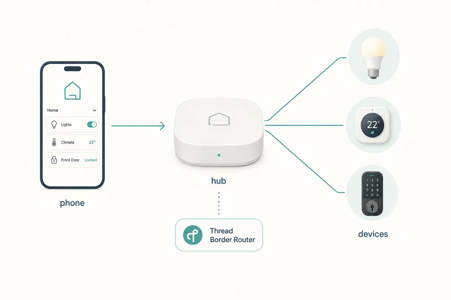 Diagram showing a smartphone connecting to a hub, which then connects to smart-home devices and a Thread border router