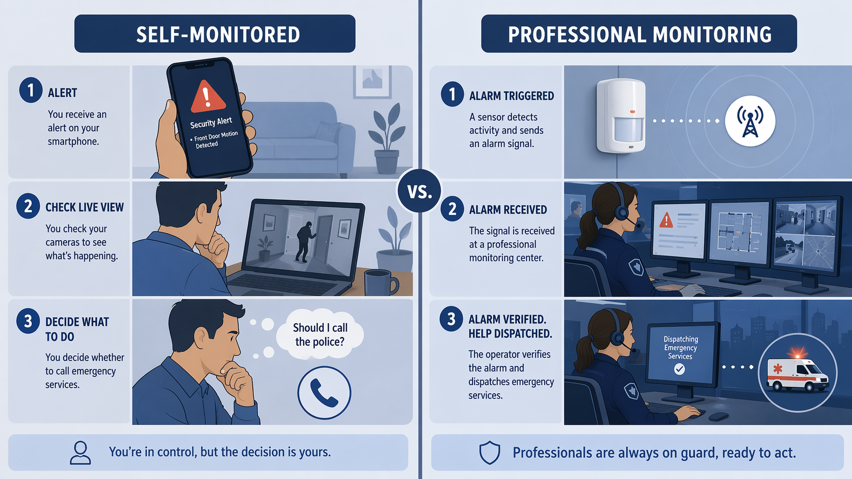 Comparison of self-monitored and professionally monitored security alert workflows