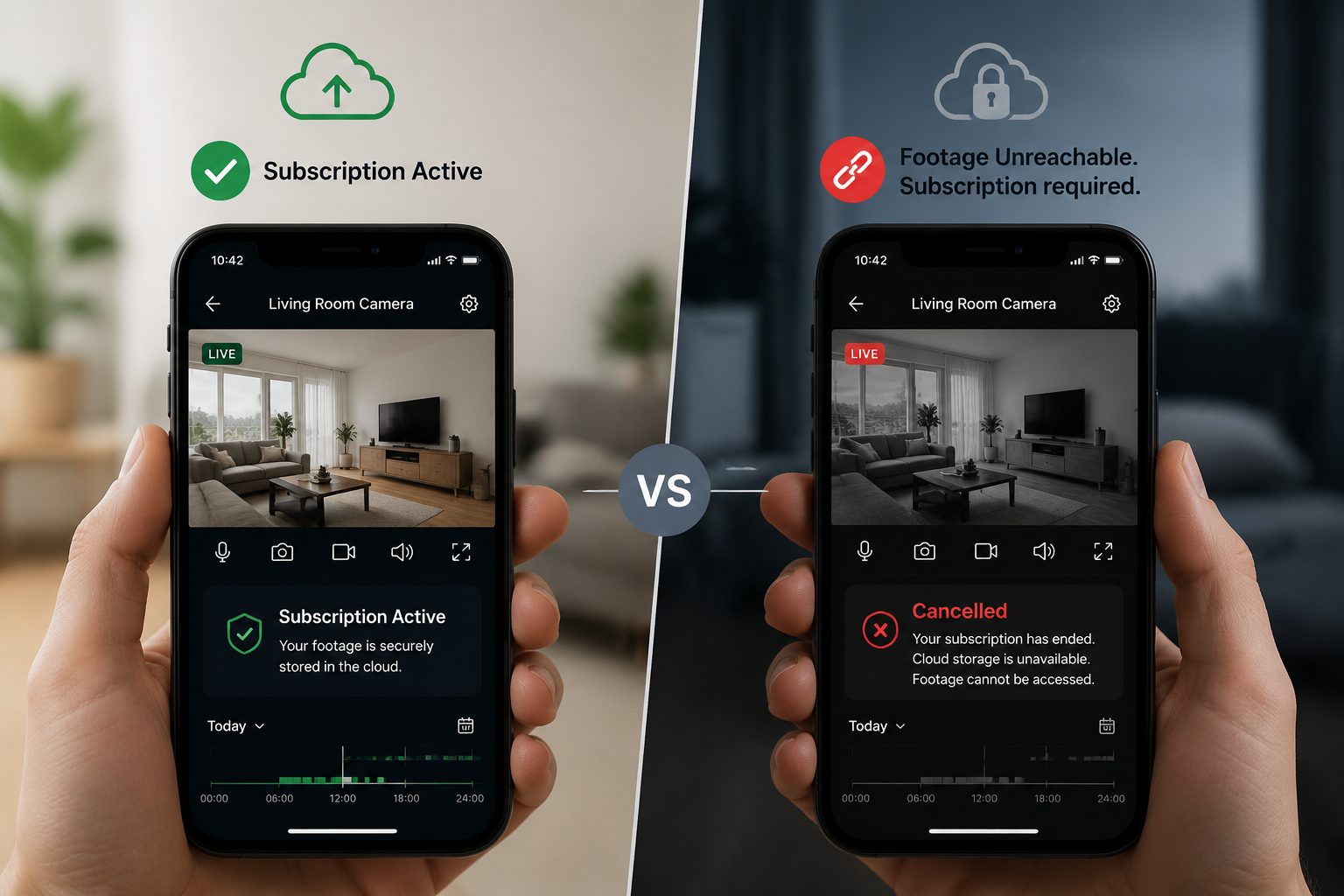 Smartphone security camera feed showing active cloud access on one side and canceled subscription with locked cloud access on the other