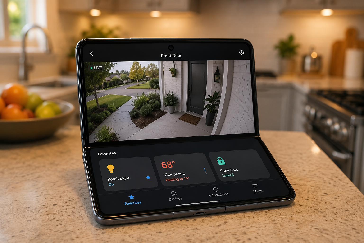 Foldable smartphone in Flex Mode showing a front door camera feed above smart home controls