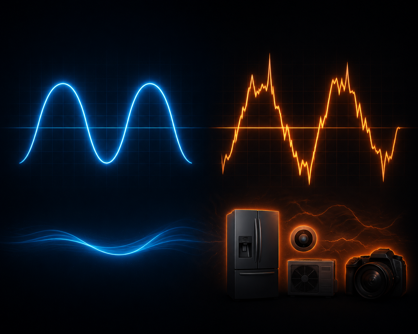 A clean sine wave compared with a distorted waveform above household appliances