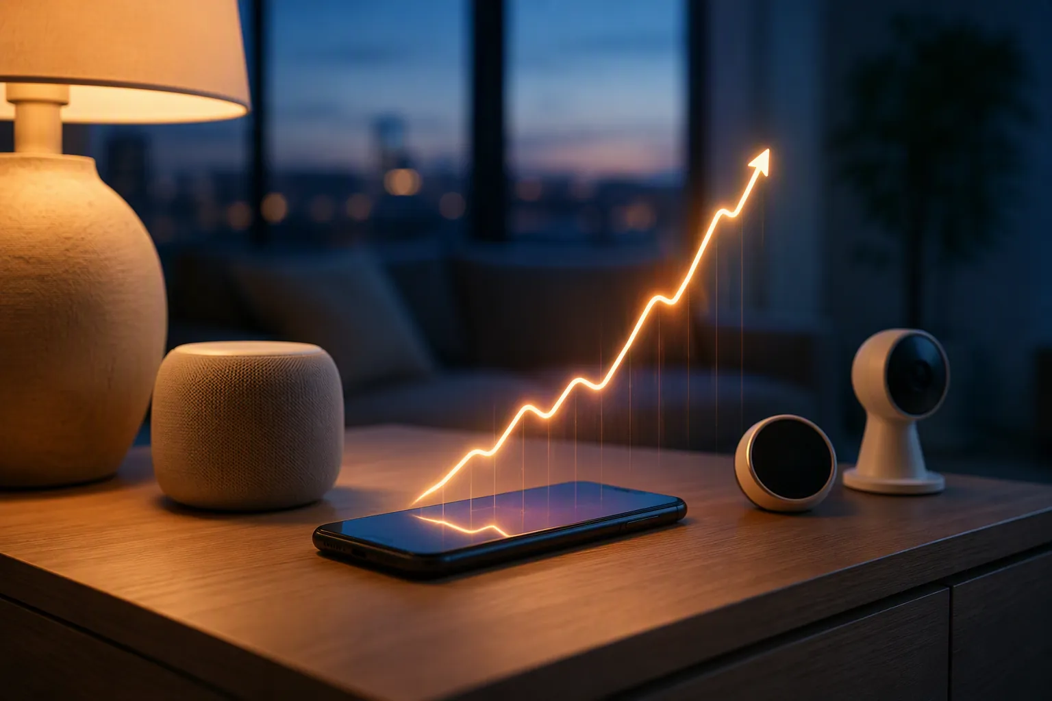 A modern living room with a smartphone, smart speaker, lamp, thermostat, and camera suggesting rising Apple smart home costs