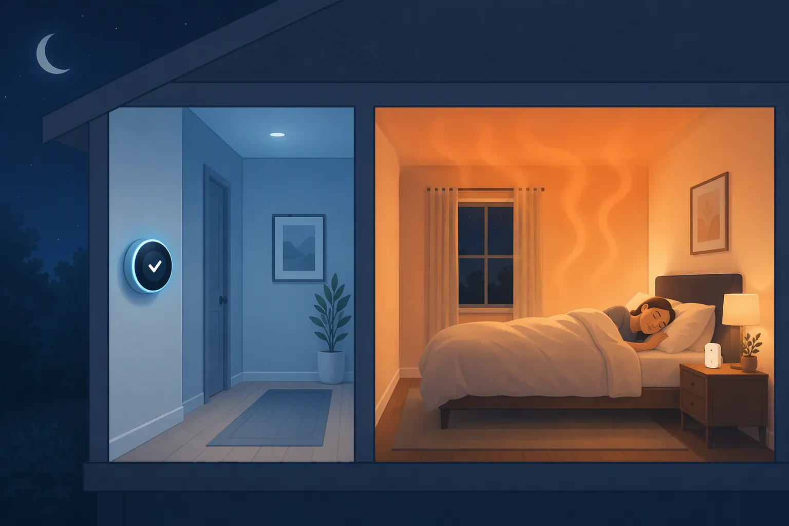 Hallway thermostat reading cool while a bedroom remains warmer at night