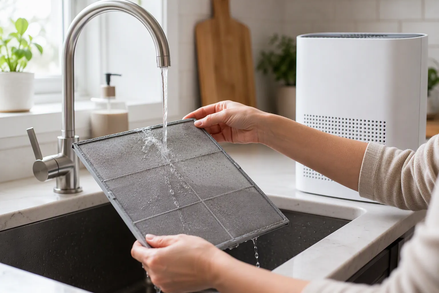 Hands rinsing a dusty removable mesh prefilter under a kitchen faucet