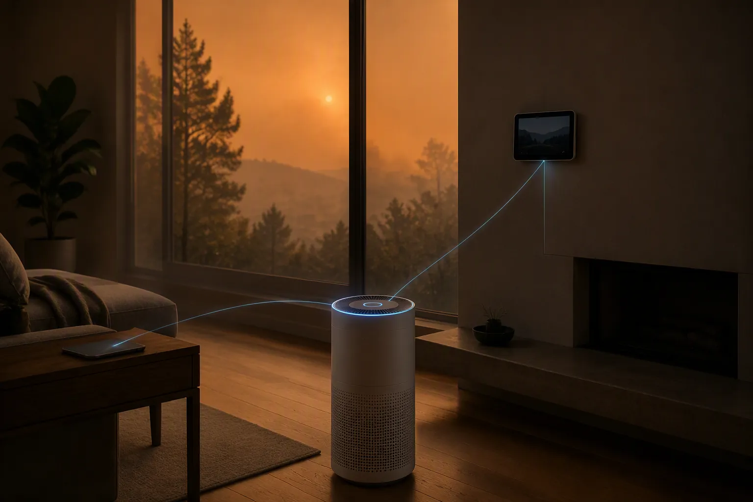 A connected air purifier running in a modern living room during a smoky wildfire event