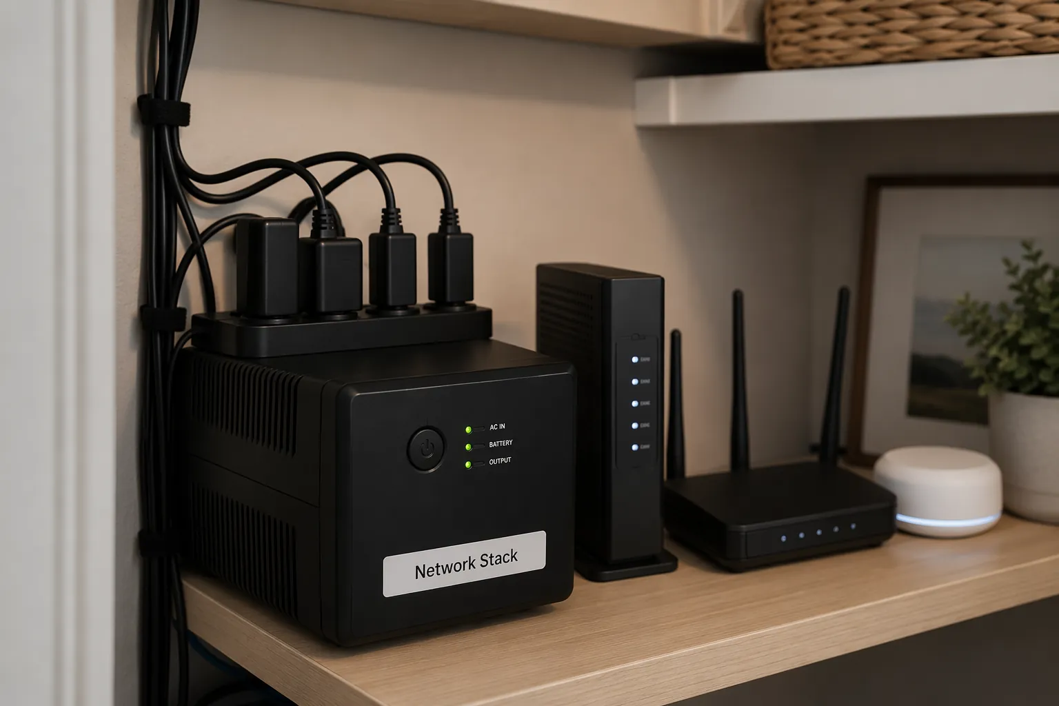 UPS battery backup powering a modem, Wi-Fi router, and smart home hub on a utility shelf
