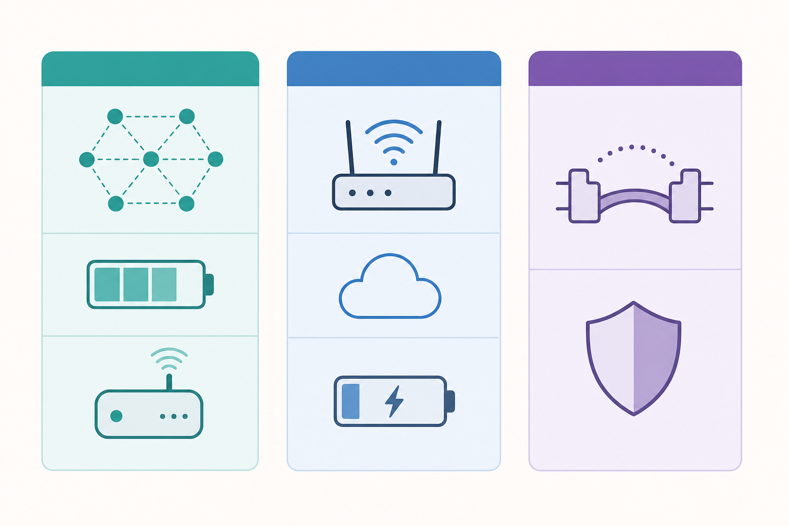 Side-by-side protocol comparison cards for Zigbee, Wi-Fi, and Matter, each showing minimalist icons representing their key characteristics.
