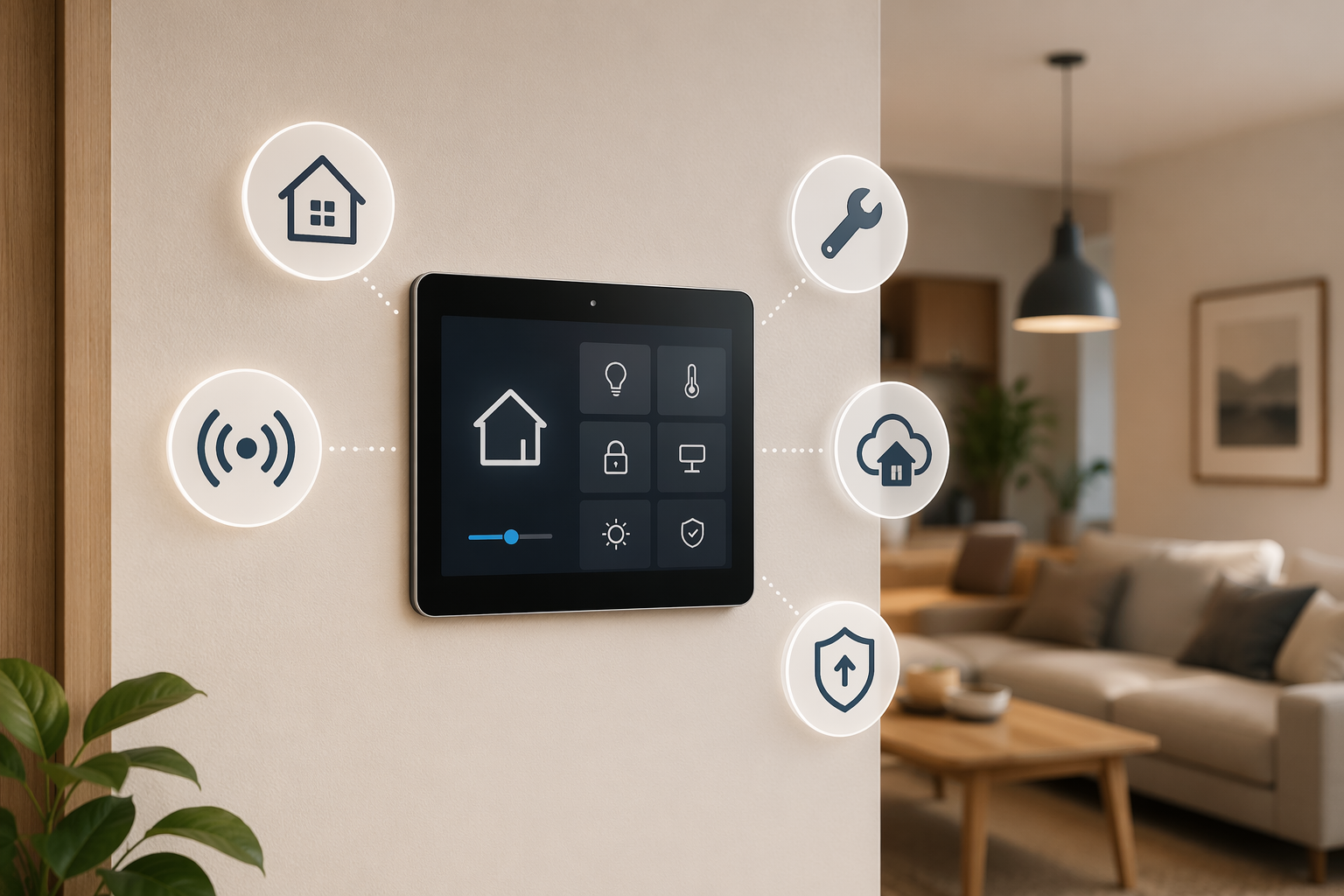 Wall-mounted smart home control panel surrounded by icons for ecosystem compatibility, protocol support, installation type, local versus cloud processing, and future-proofing