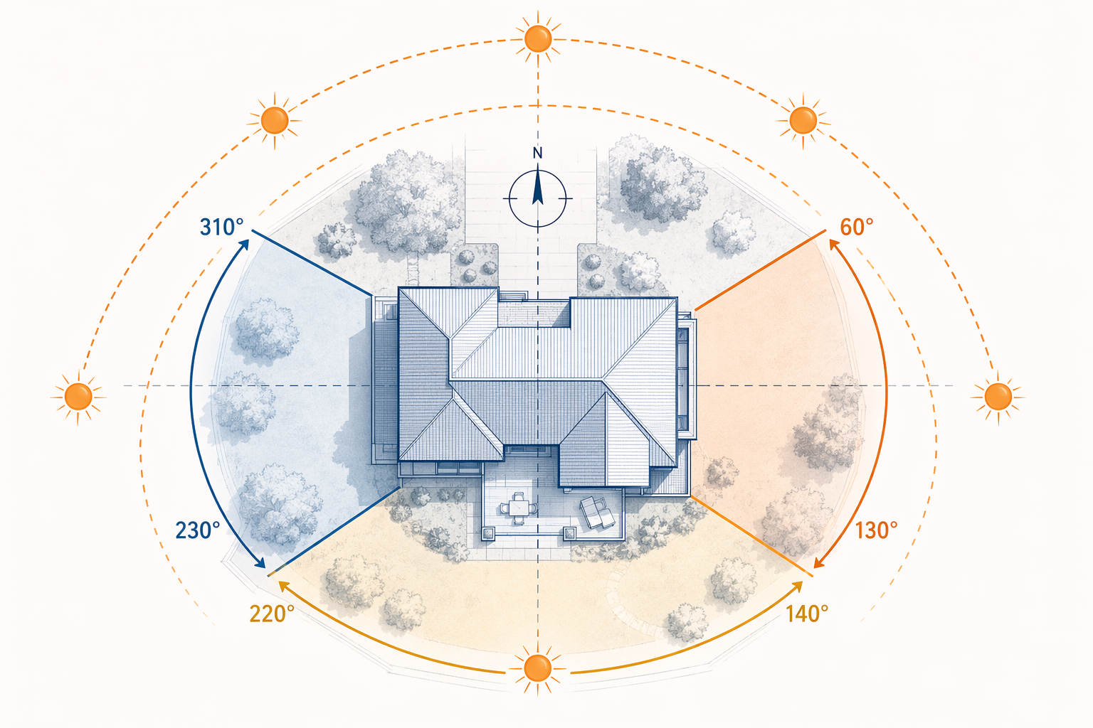 Blueprint diagram showing east, south, and west facade azimuth ranges