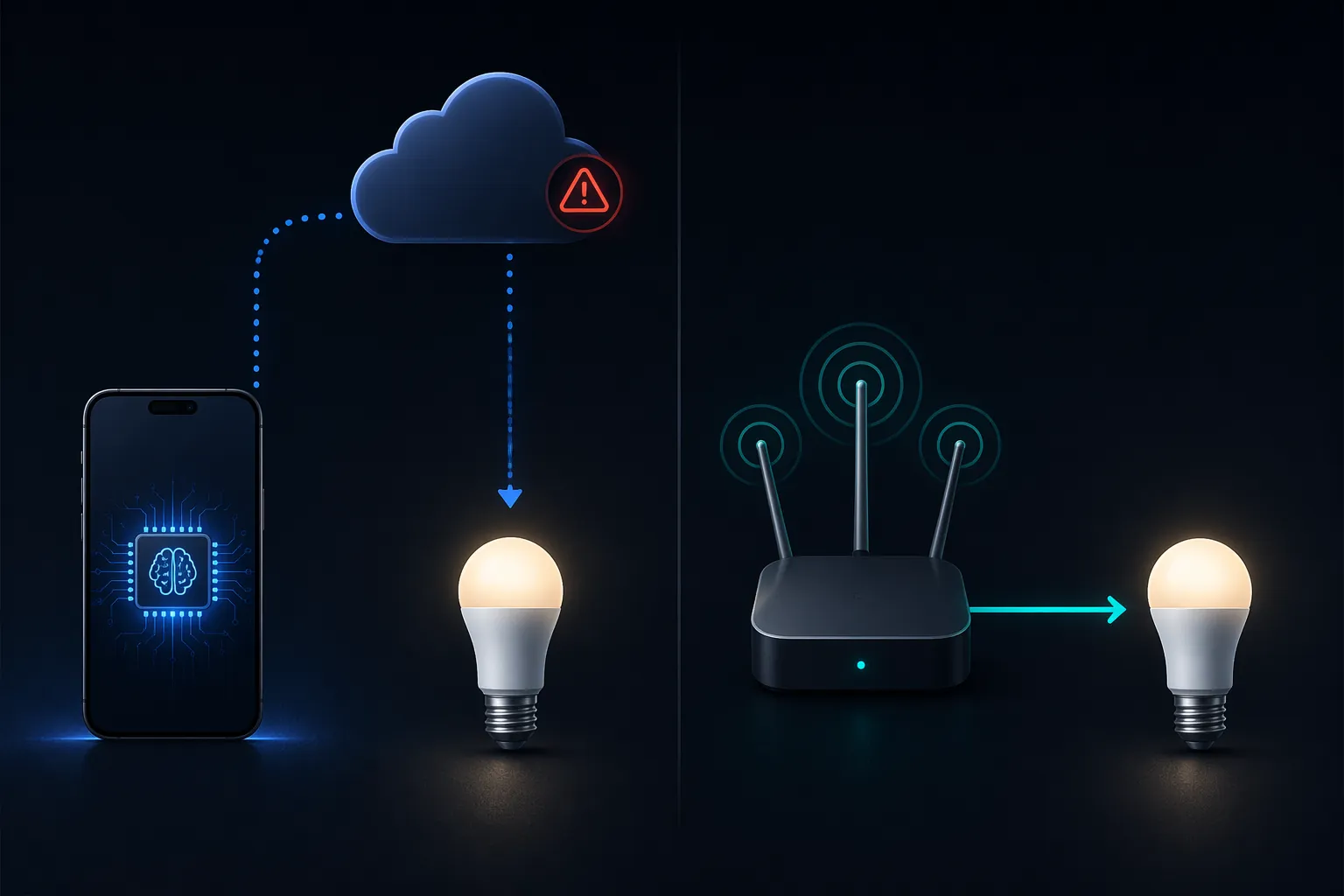 A phone sends a smart home command through the cloud while a hub sends a direct local command to a light