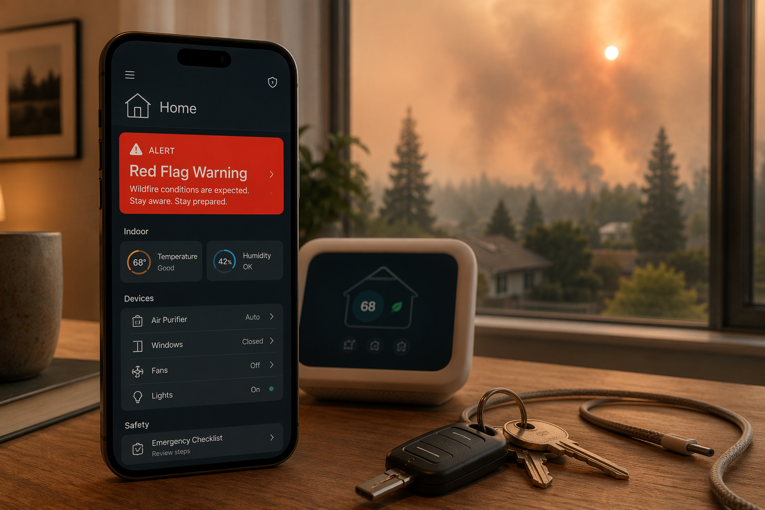 Smartphone smart home dashboard showing a red warning alert beside house keys and a charger cable