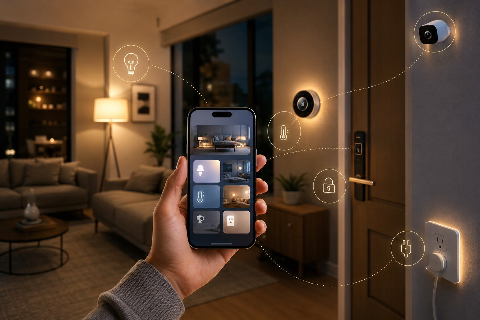 iPhone showing the Apple Home app in a living room with smart lights, thermostat, lock, camera, and plug