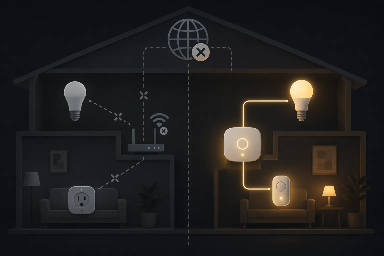 Split illustration showing Wi-Fi smart devices offline while Zigbee and Z-Wave devices remain connected to a local hub