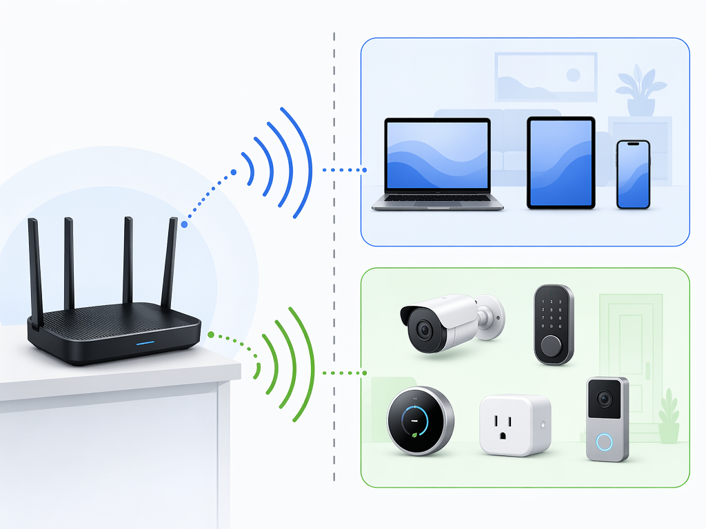 Diagram of a Wi-Fi 7 router separating phones and computers from smart home IoT devices on an isolated network zone