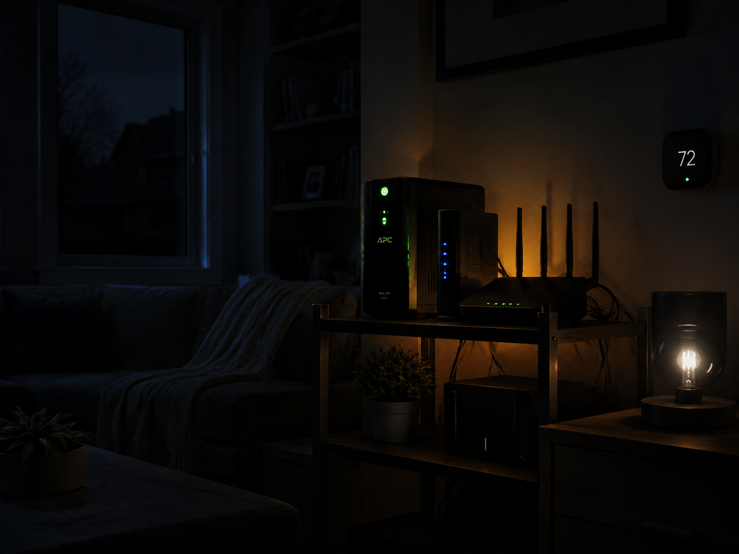 A modem, router, and UPS glowing on a network shelf during a blackout
