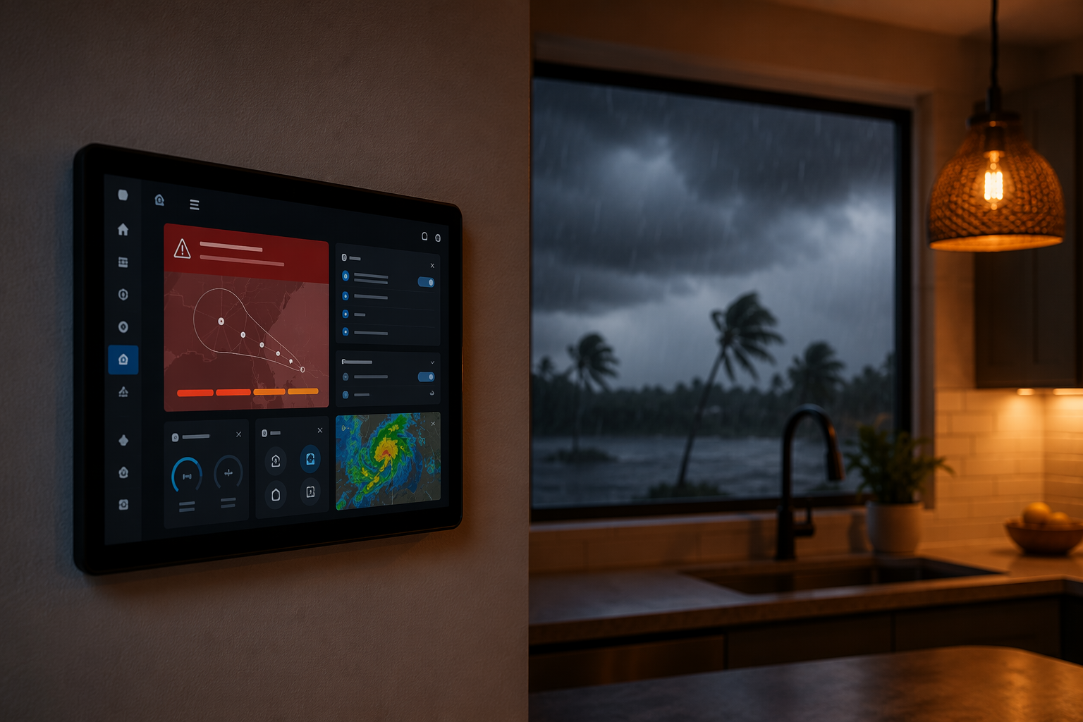 Wall-mounted Home Assistant dashboard showing a red and orange tropical storm weather alert while storm clouds approach outside