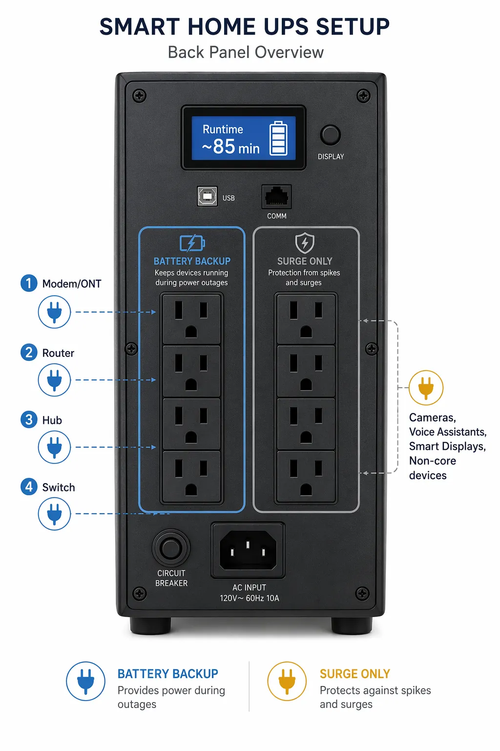 Diagram of UPS battery-backed outlets assigned to modem, router, hub, and switch, with non-core devices on surge-only outlets