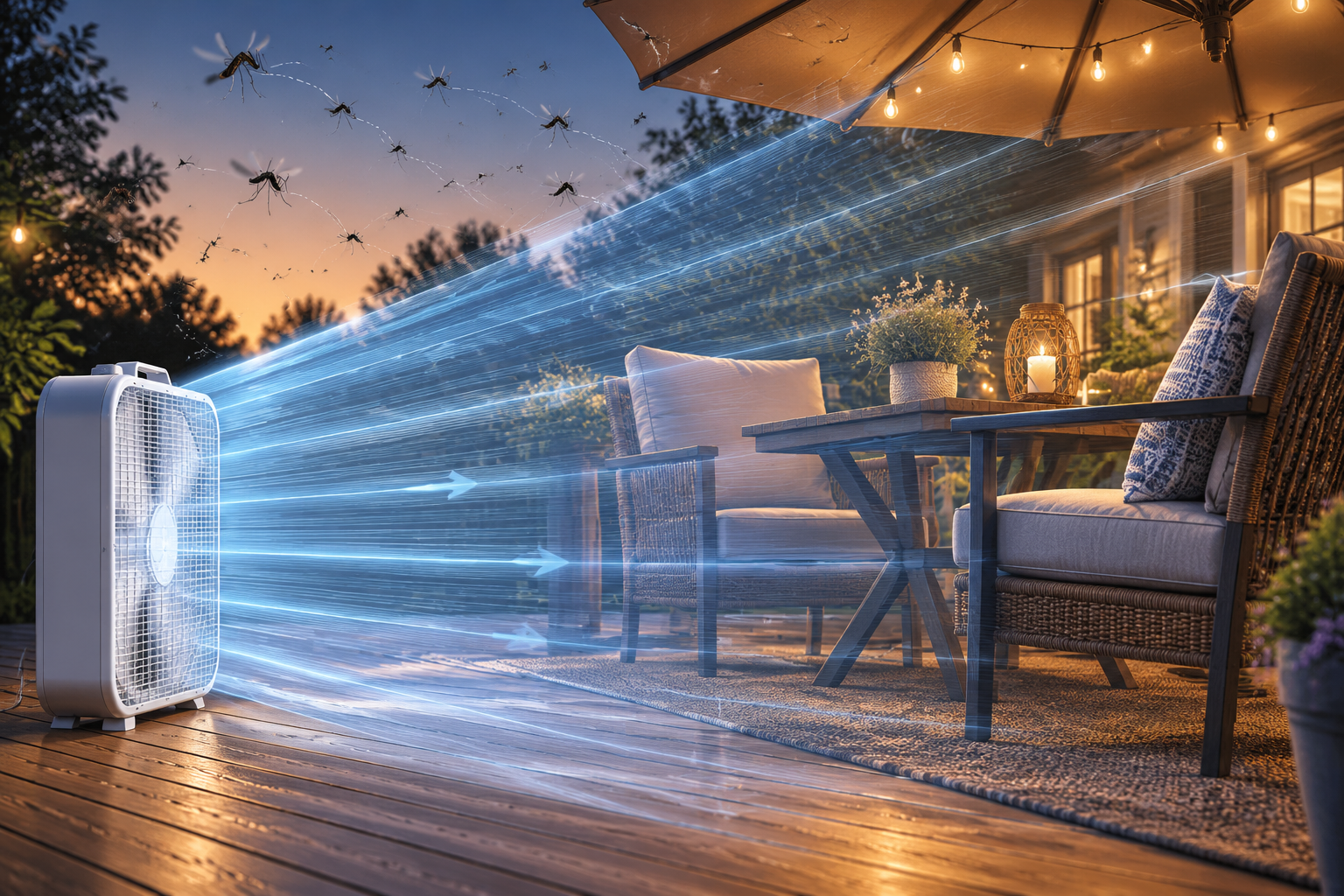 Illustration of a running box fan pushing mosquito silhouettes away from a protected patio seating area