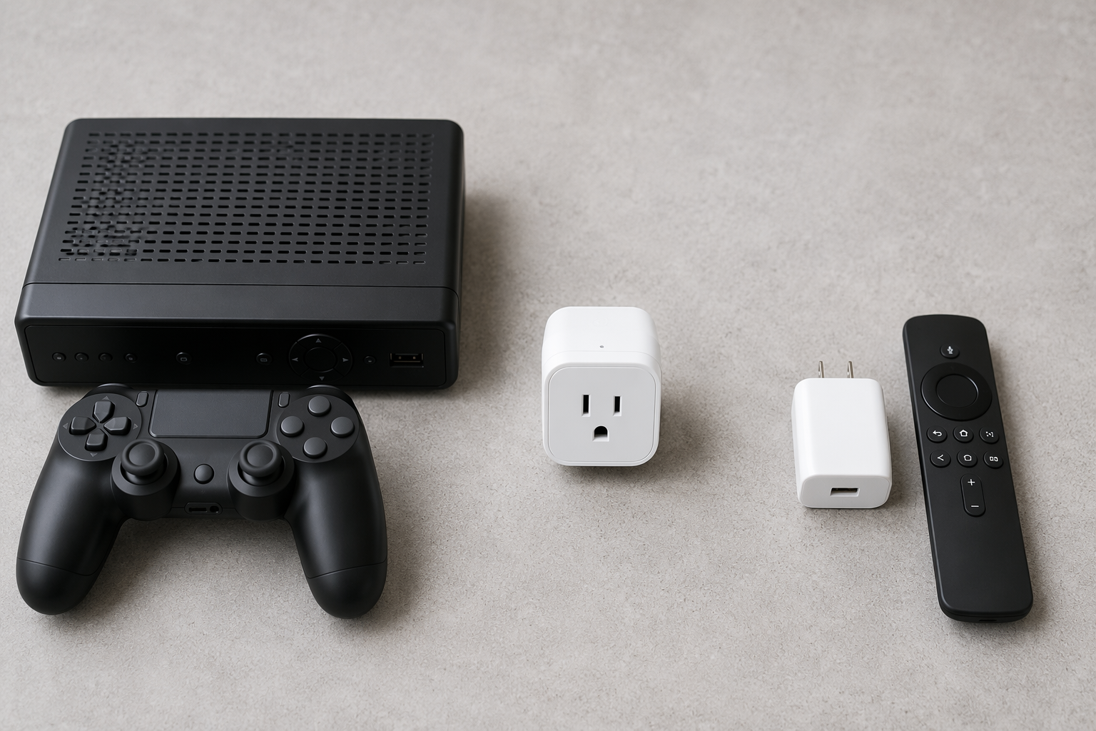 Flat lay comparing a DVR and game controller with a phone charger and TV remote around a smart plug