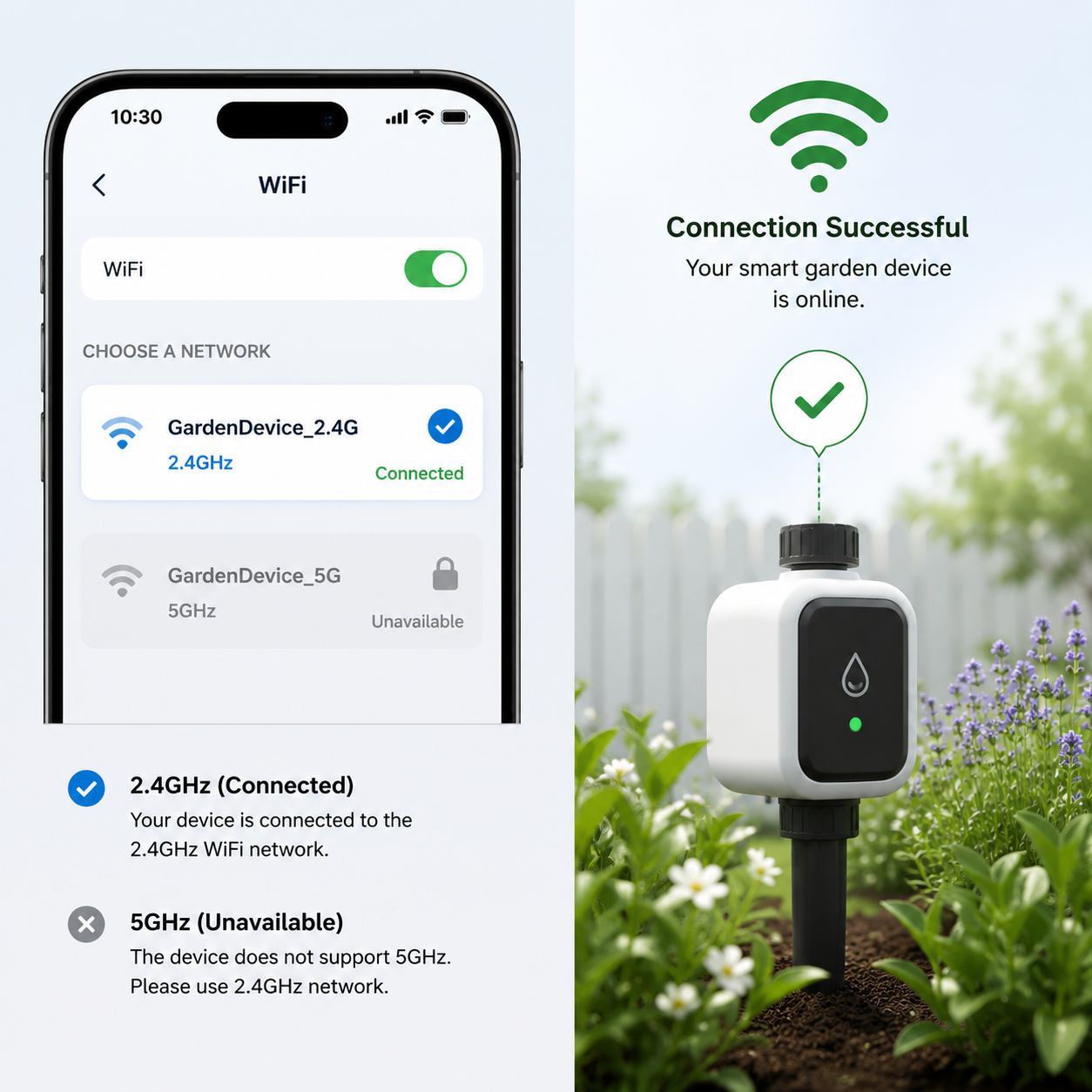 Phone WiFi screen showing 2.4GHz connected and 5GHz dimmed beside a smart garden connection icon
