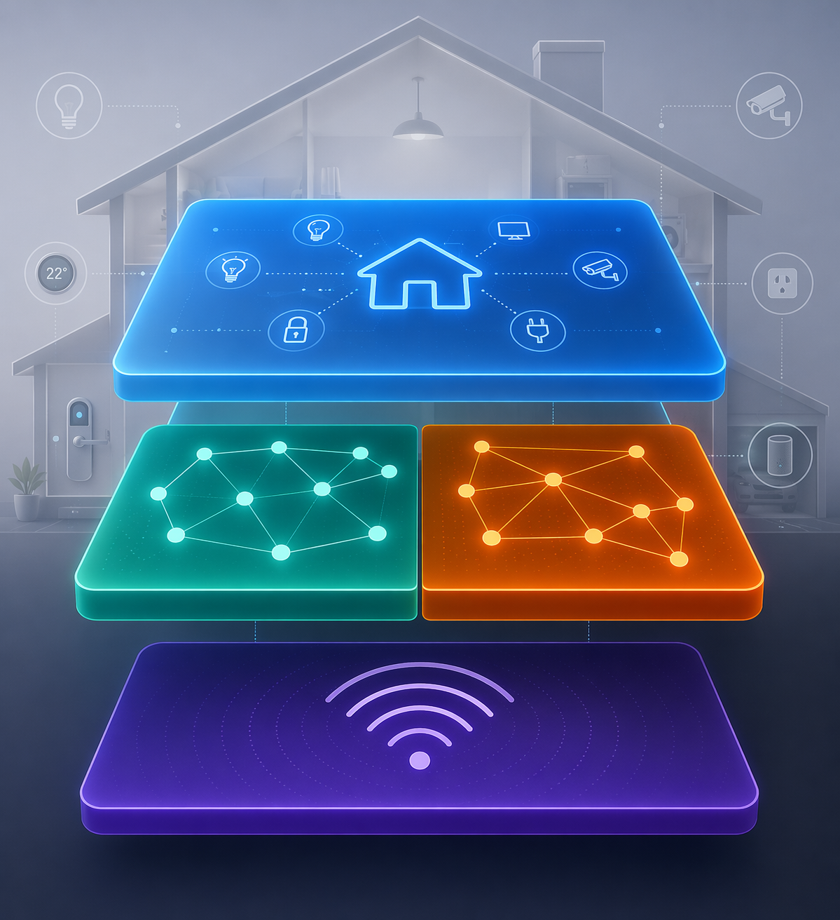 Layered smart home protocol illustration showing Matter above Thread, Zigbee, and Z-Wave