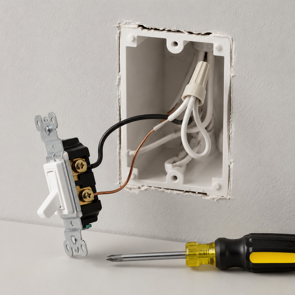 Open electrical switch box showing a neutral wire bundle, hot wire, and ground wire