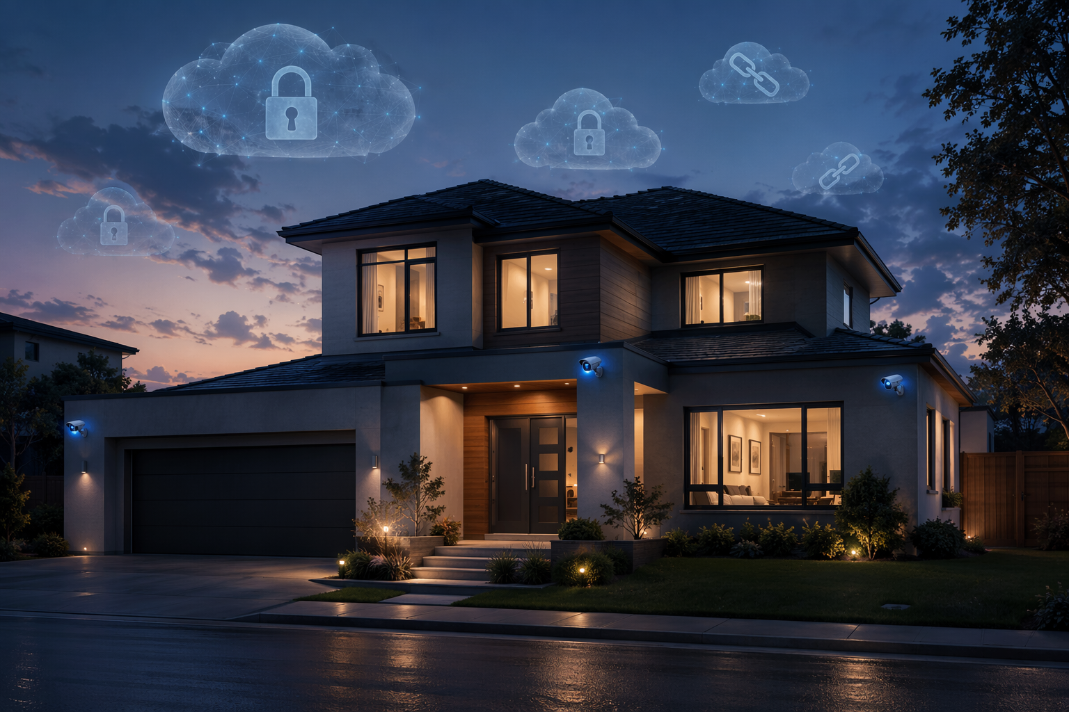 Modern suburban house at twilight with visible smart security cameras and cloud storage symbols above it