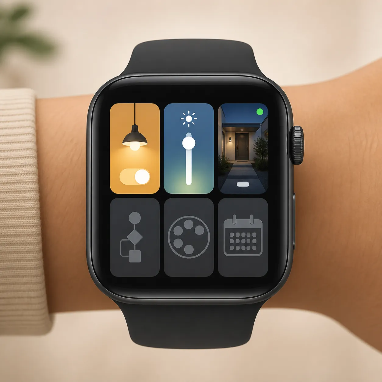 A smartwatch interface with active light, brightness, and camera controls and dimmed automation, color, and schedule controls