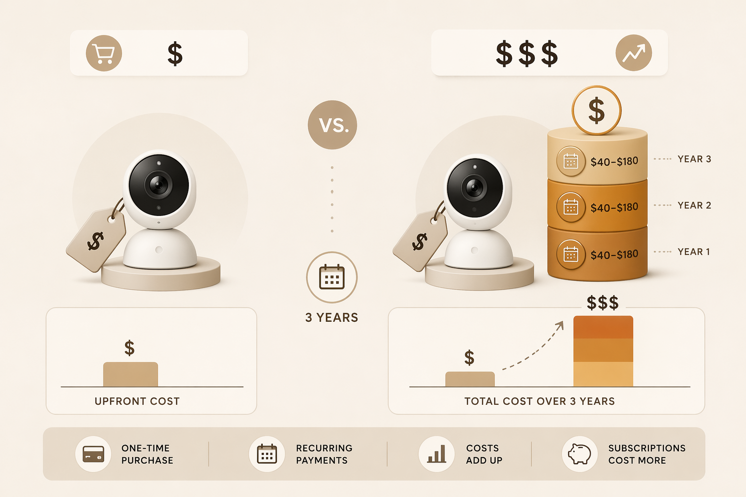 Three-year total cost of ownership comparison showing a low camera price growing with recurring subscription fees