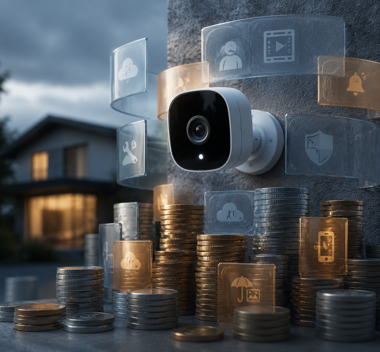 Smart security camera surrounded by layered subscription cost icons