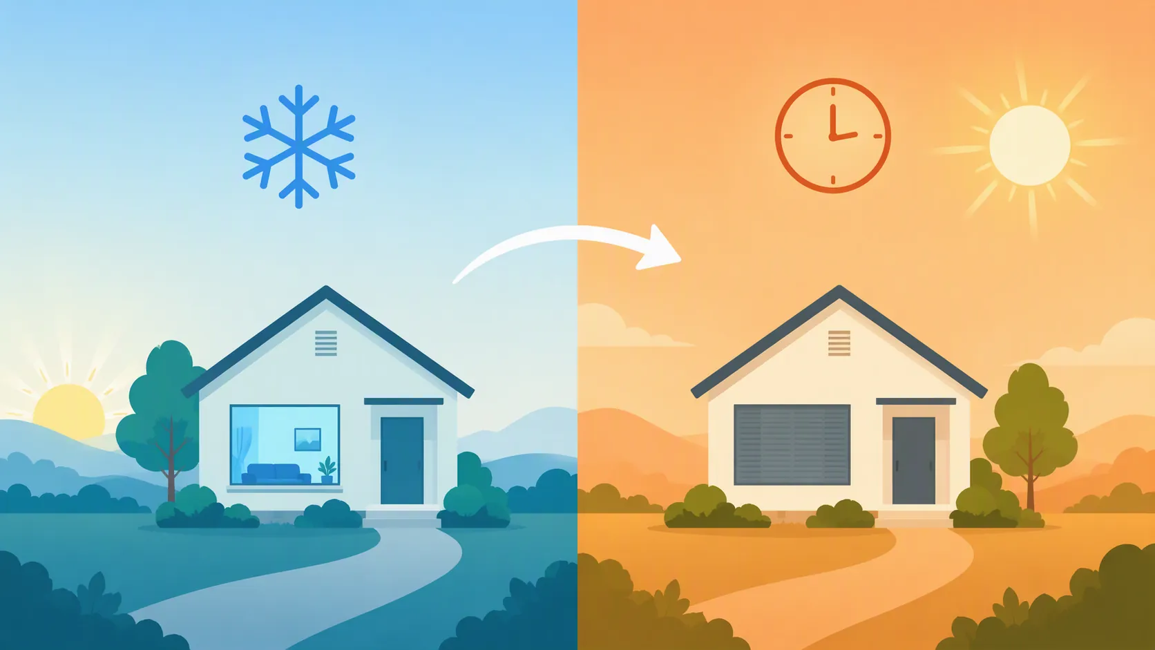 Two-panel illustration showing a cool pre-cooled house before peak hours and a warmer house holding through peak hours