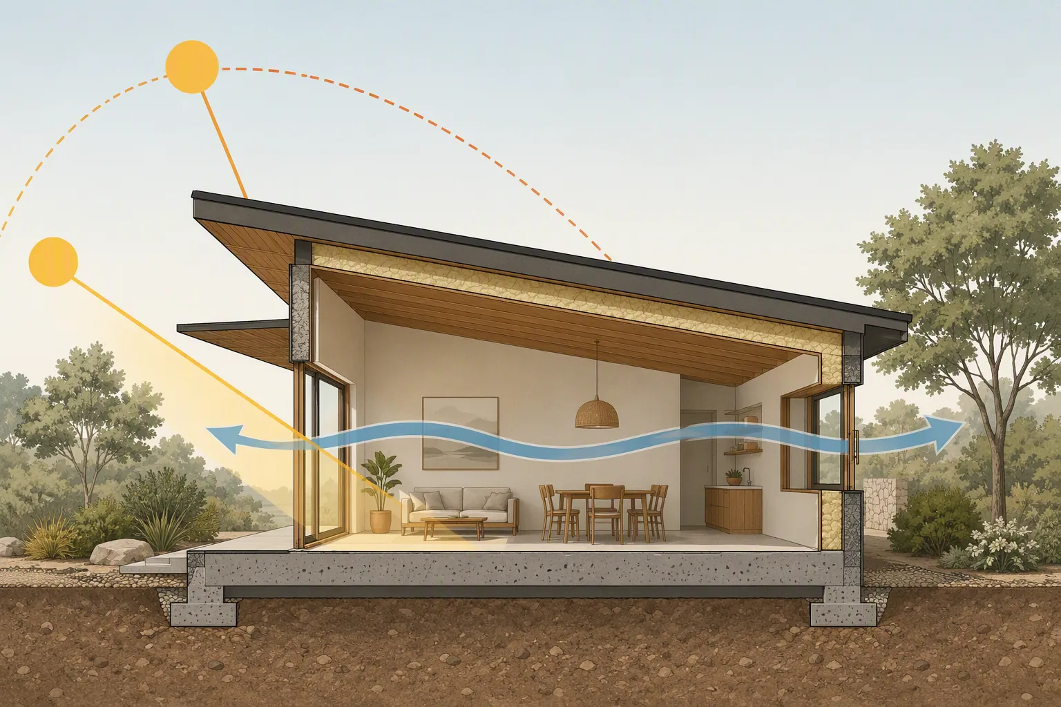 Cross-section of a passive bioclimatic house showing winter sun, summer shade, insulation, thermal mass, and cross-ventilation airflow