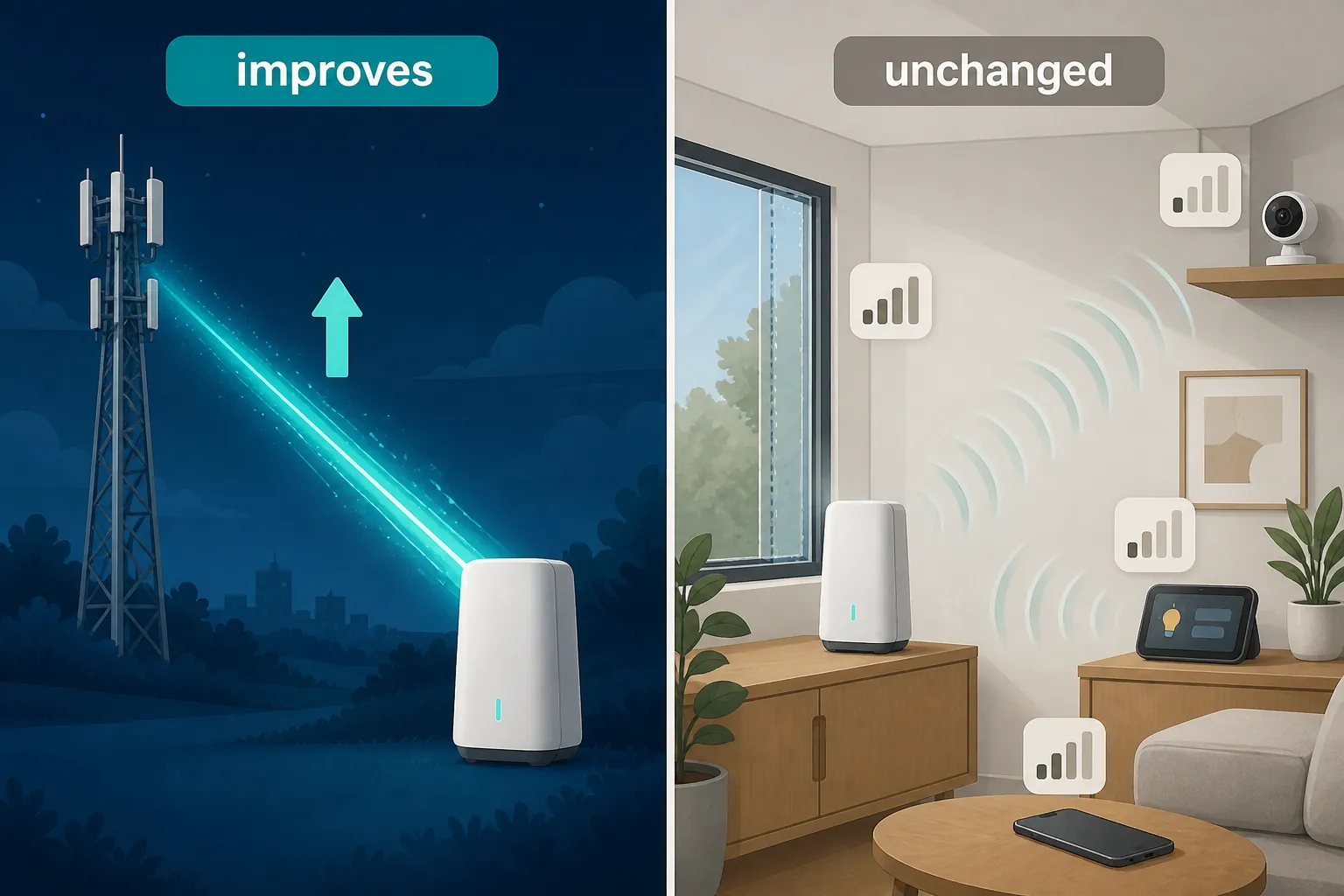 Split illustration showing the carrier 5G link improving while indoor Wi-Fi placement and Low-E window issues remain unchanged