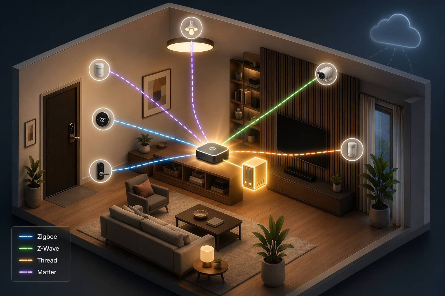 Isometric cutaway of a living room with a glowing central hub radiating colored protocol lines to connected smart home devices.