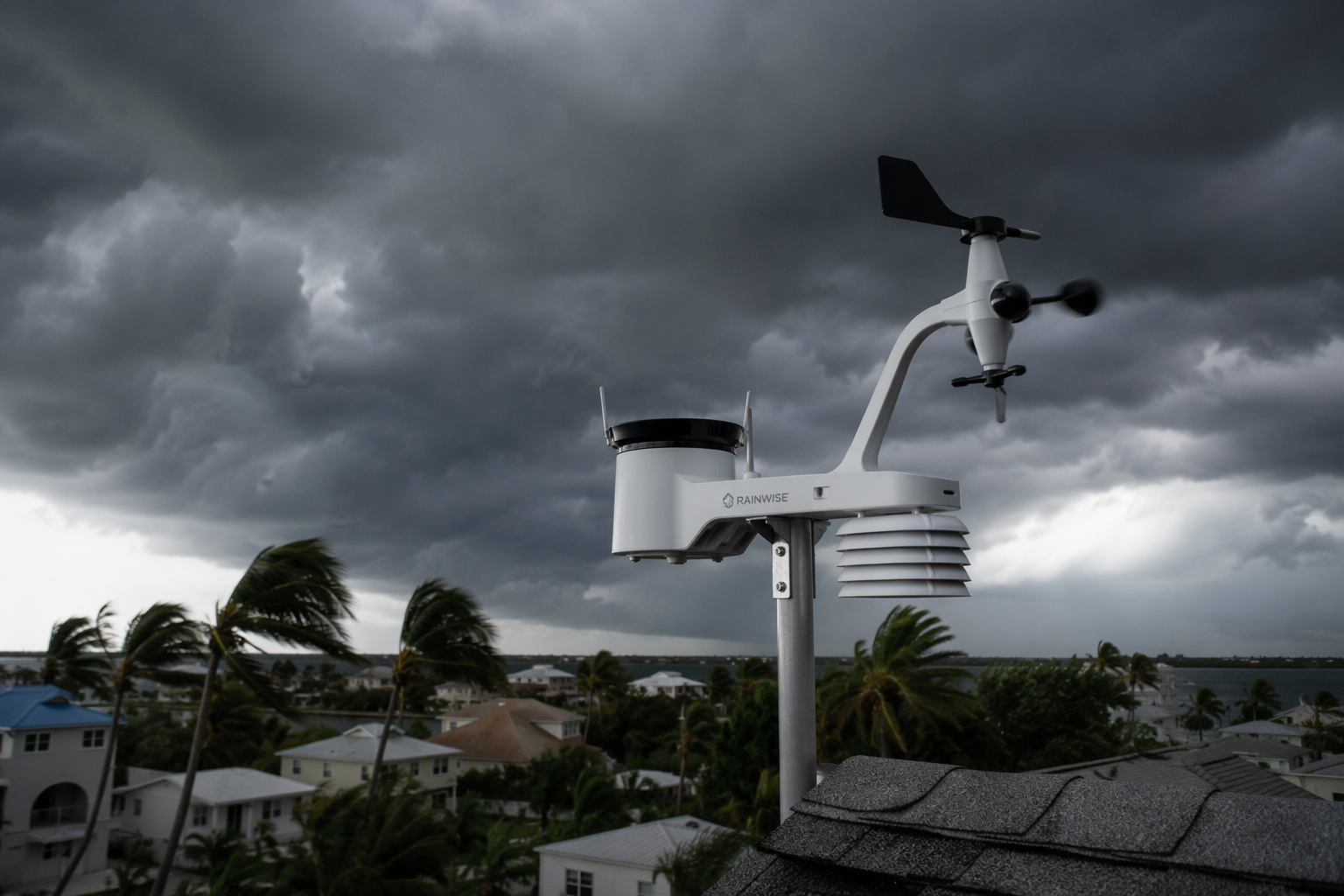 A rooftop smart weather station under a dark hurricane sky with palm trees bending in the wind.