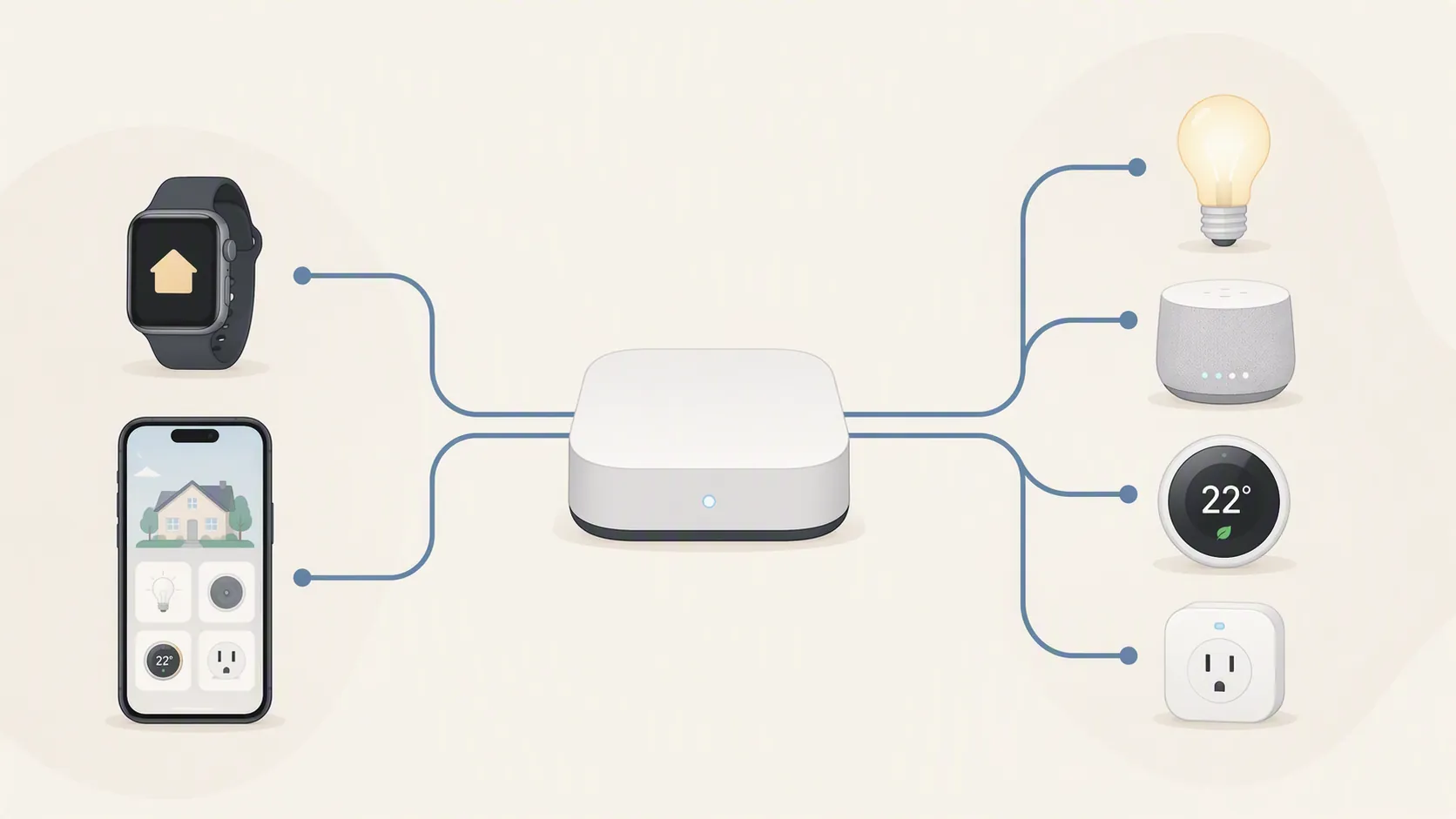 Diagram showing smartwatch and phone sending smart-home control through a central hub to lights, speakers, thermostat, and plug