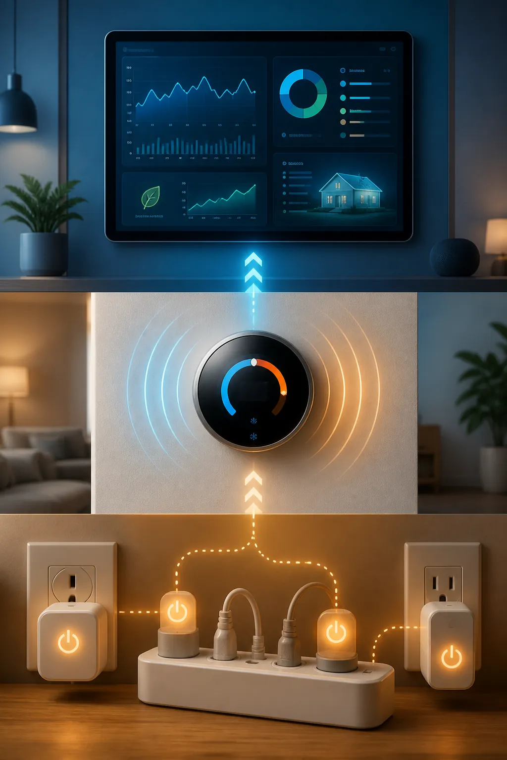 Three-level smart home energy-saving automation stack with smart plugs, a thermostat, and an energy monitoring dashboard