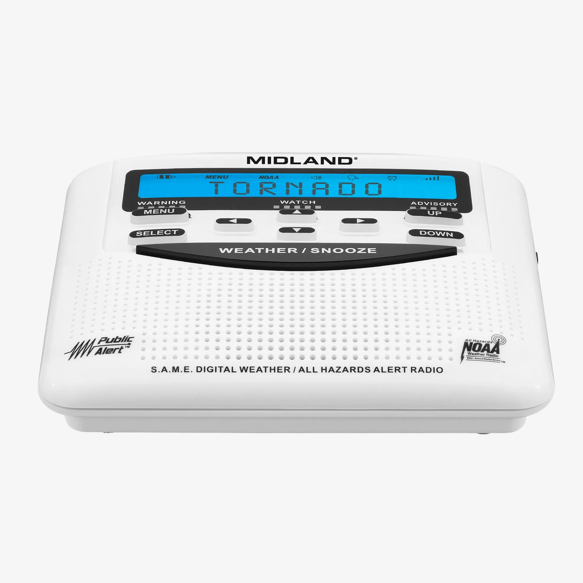 Midland WR120 NOAA Weather Alert Radio with speaker grille, display, and control buttons