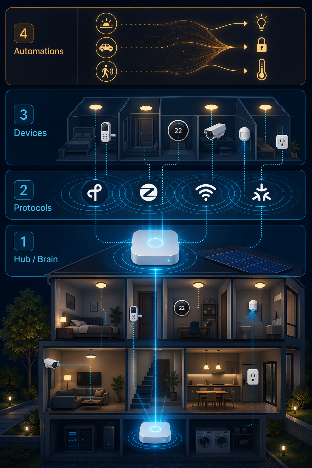 Isometric cross‑section of a house with four floating layers: a glowing hub, protocol rings for Thread/Zigbee/Wi‑Fi/Matter, distributed device icons, and an automation timeline connecting triggers to actions.