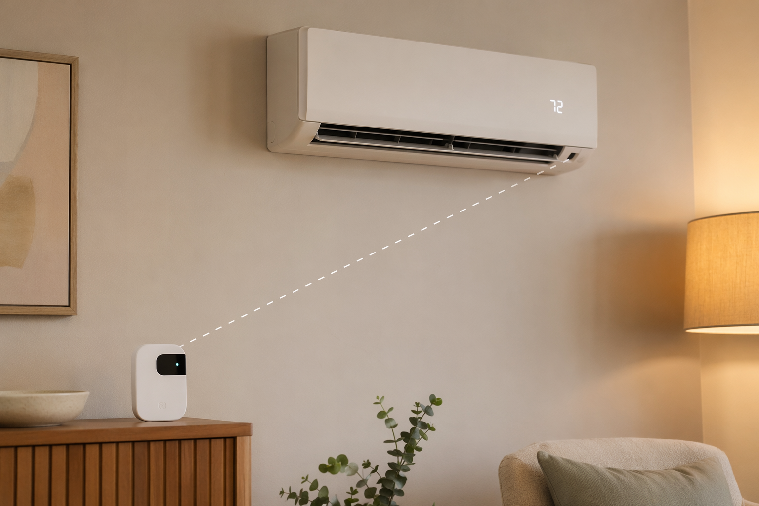 White mini-split wall unit with an infrared smart AC controller on a shelf below, connected by a dashed wireless beam line