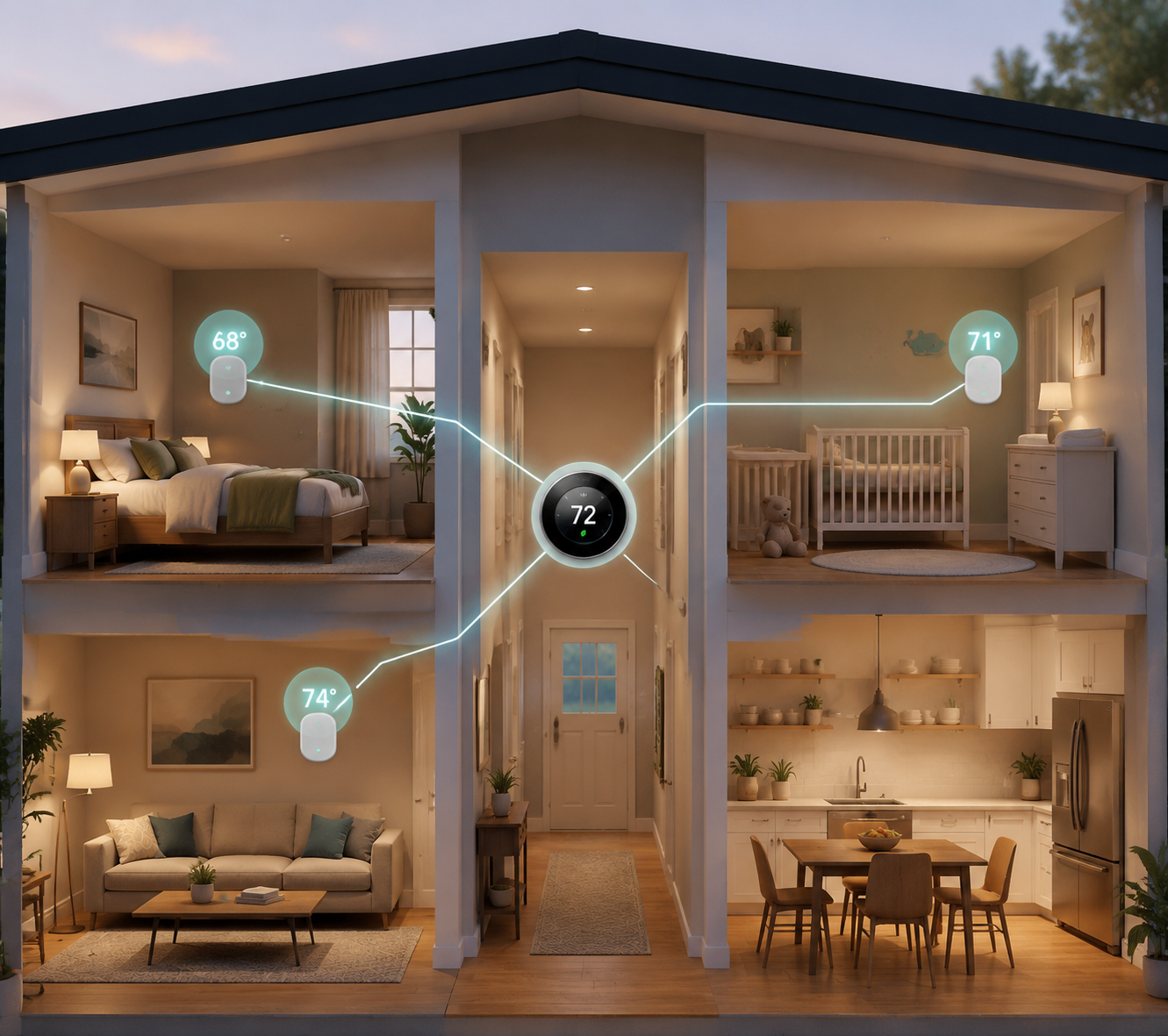 Home cross-section showing a central smart thermostat connected to room sensors in a bedroom, living room, and nursery