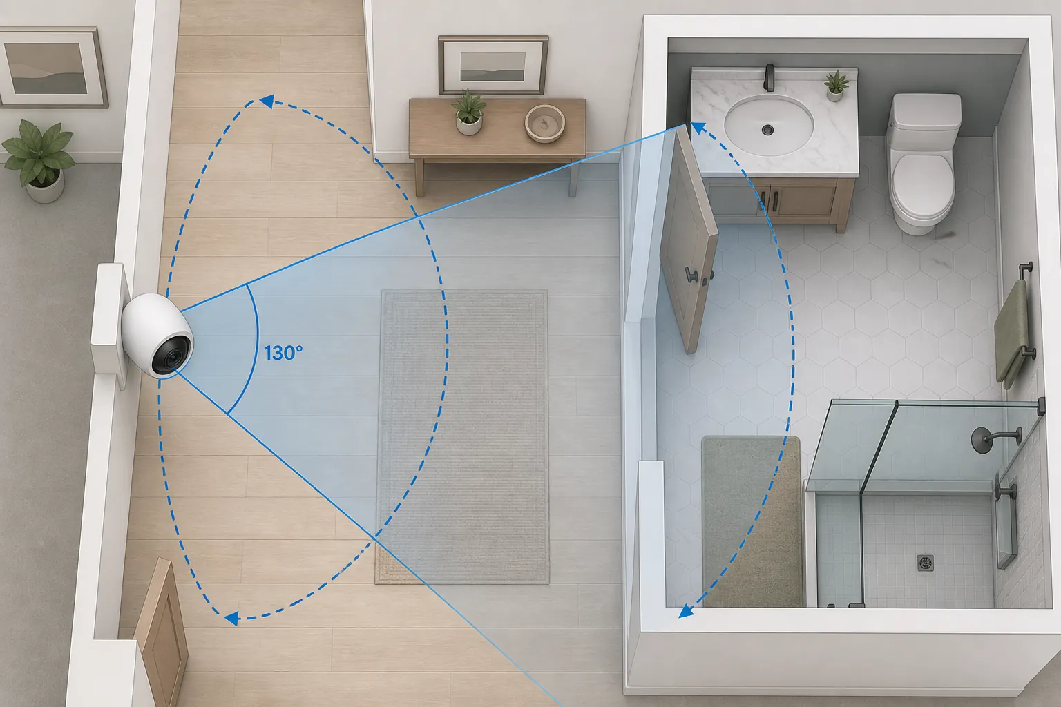 Diagram of a hallway smart camera field of view spilling into a bathroom doorway
