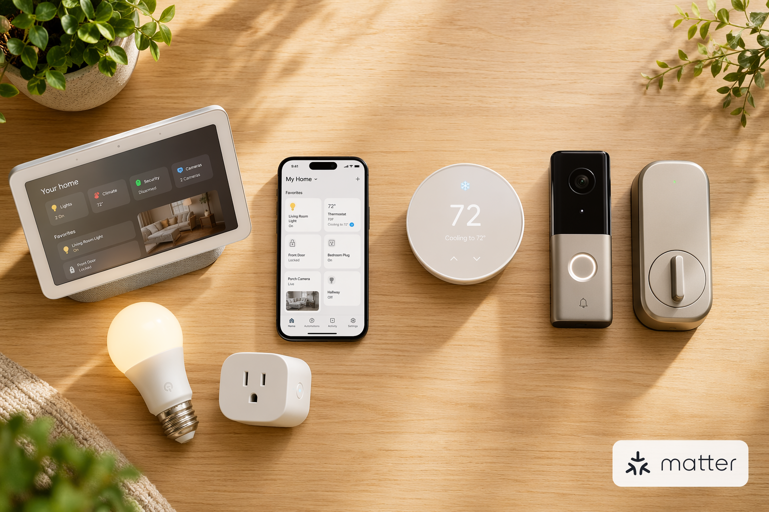 Flat-lay photograph of smart home devices on a light wooden tabletop including a smart speaker, smartphone with control app, white thermostat, video doorbell, smart lock, glowing light bulb, and smart plug, with small green plant accents and a subtle Matter icon badge.