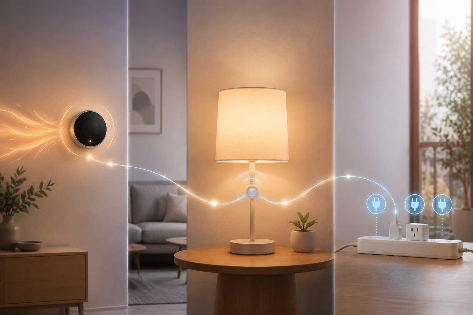 Smart thermostat, motion-sensing lamp, and smart power strip connected as a coordinated energy-saving automation system