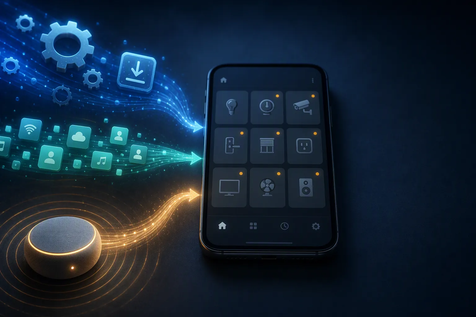 Smartphone showing offline smart-home device tiles with three update paths converging on it