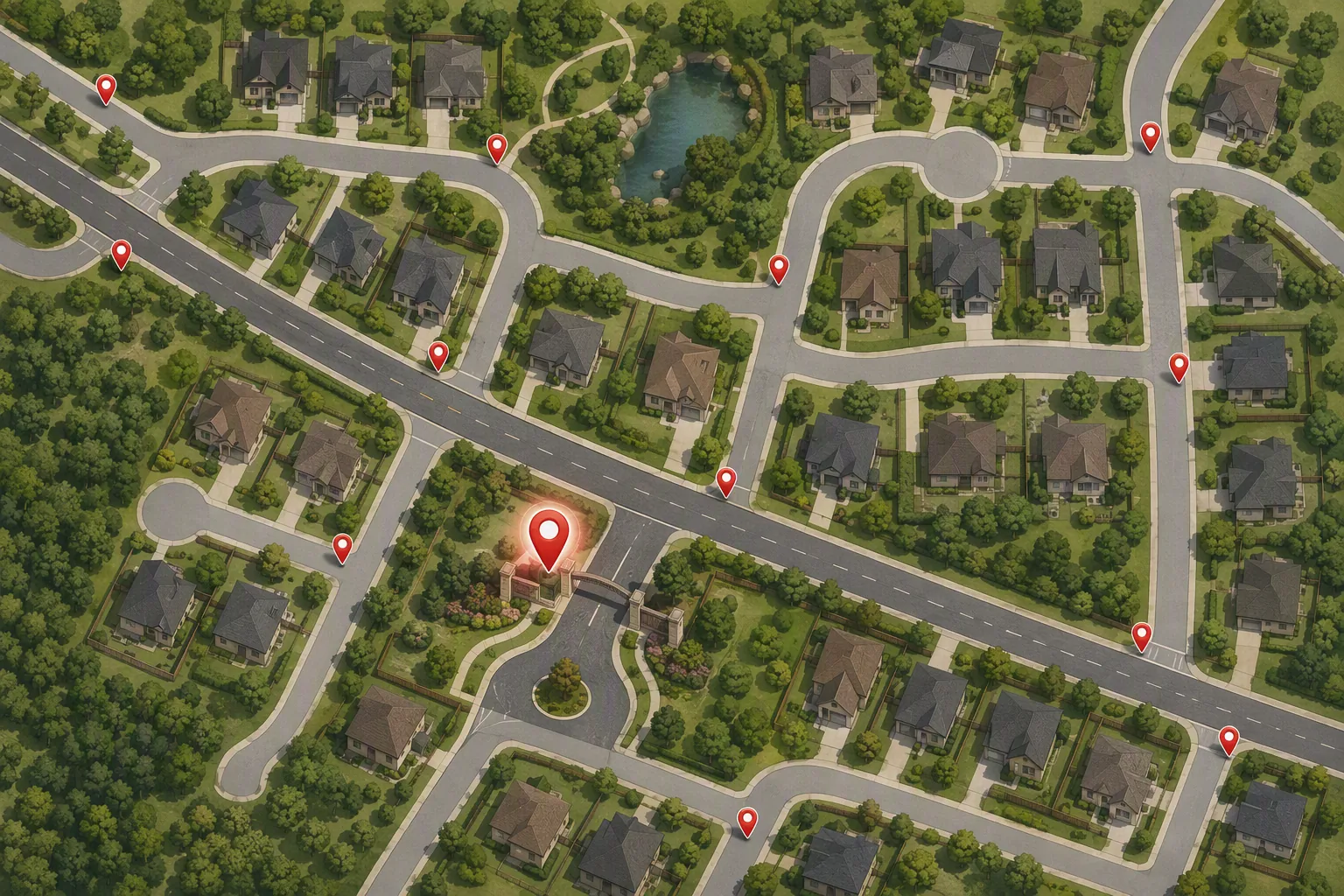 Top-down neighborhood map with red pins marking possible license plate reader camera locations along residential streets.
